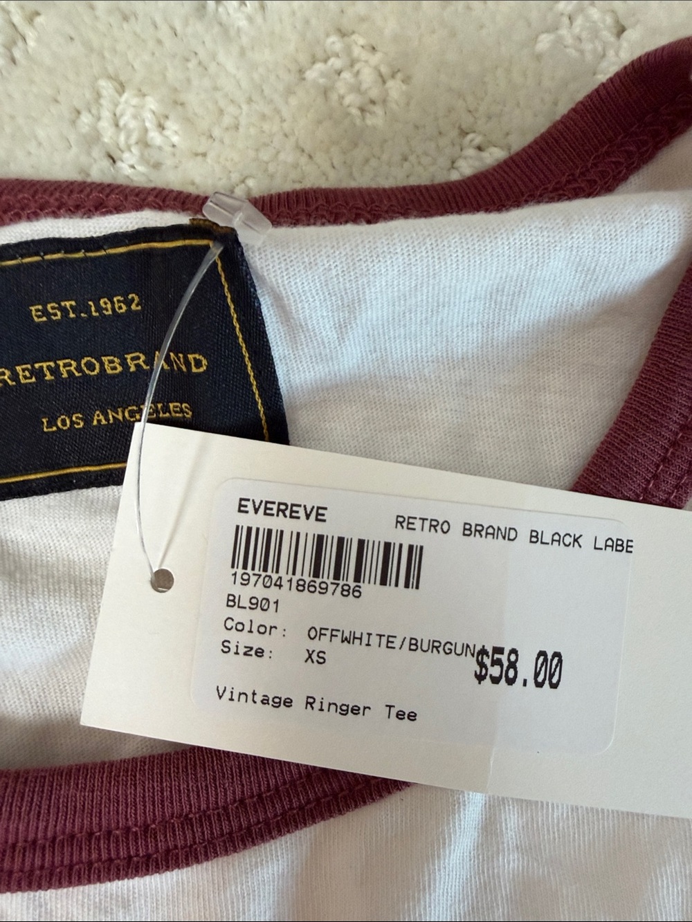 Retrobrand Off-White Short Sleeve Ringer Tee with Burgundy Trim